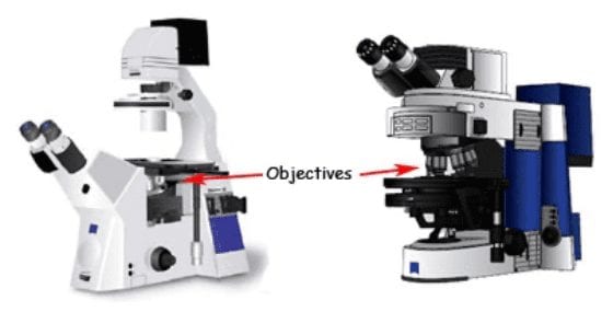 Comparison of standard upright and inverted microscope configurations.