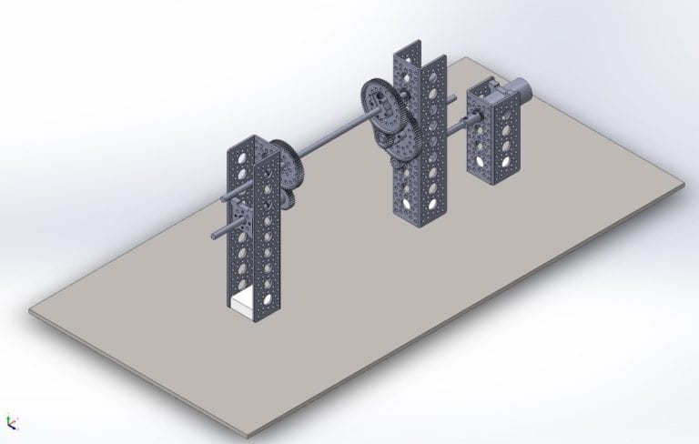 Complex Solid works gear train configuration. Uses two nine hole pillar assembly and a ten in shaft to connect them together. Each pillar has two gears mounted vertically with the input driver being a DC motor.