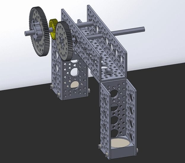 Solid works model of a horizontal gear train assembly. Two vertical pillars in combination with a horizontal pillar and two angle brackets.