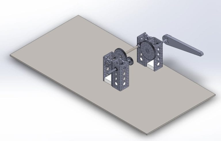 Solid works model of two cantilever gear configurations meshing with two pillar assemblies that are connected by a four inch shaft and two gears each on the other end of the shaft. A three 3D printed crank arm provides the input torque.