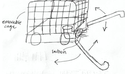 Drawing of initial design, includes basket and arms sticking out the front.