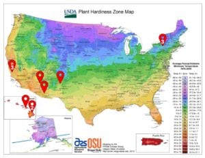 map of volunteer locations. Ithaca, New York ,Arizona and New Mexico, Hawaii, Atascadero, California
